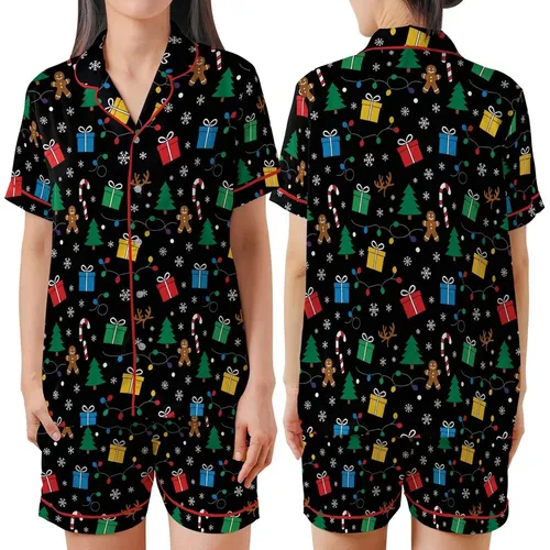 Festive Celebrators' Graphic Black Christmas Candy Cane Gingerbread Rainbow Lights Pattern Satin Short-Sleeve Pajamas Set