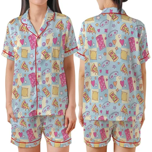 Girls' Groovy Pizza Pajamas: Pink Sleepover Print with Disco Balls - Playful Lounge Set Satin Short-Sleeve Pajamas Set