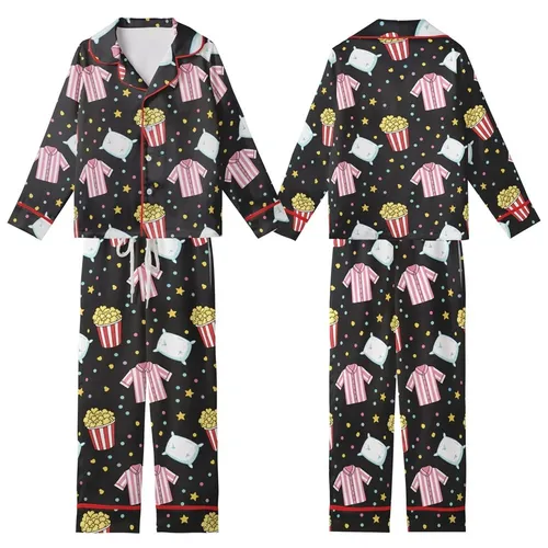 Popcorn & Pajamas Party: Whimsical Chalkboard Popcorn & Sleepwear Pattern Comfort Loungewear Set Kid Satin Pajamas Set