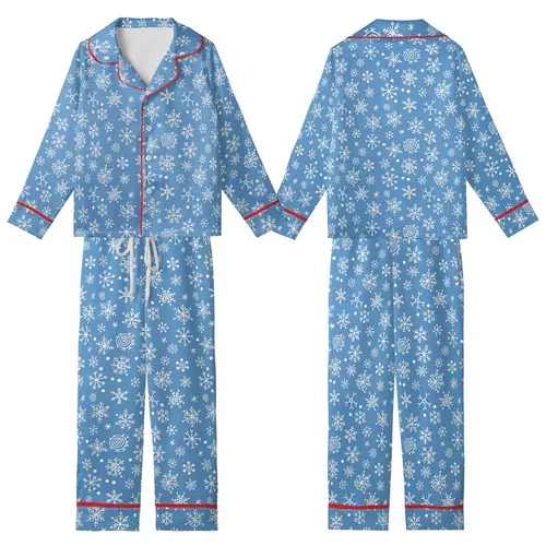 Family Holiday: Vibrant Blue Snowflake Pattern, White Winter Flakes - Polyester Spandex Sleep Set Kid Satin Pajamas Set