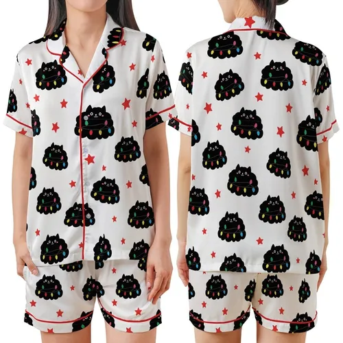 Family Long Sleeve Pajama Set: Whimsical Fluffy Black Cat Christmas Lights & Stars Pattern - Soft Polyester Spandex Sleepwear Satin Short-Sleeve Pajamas Set