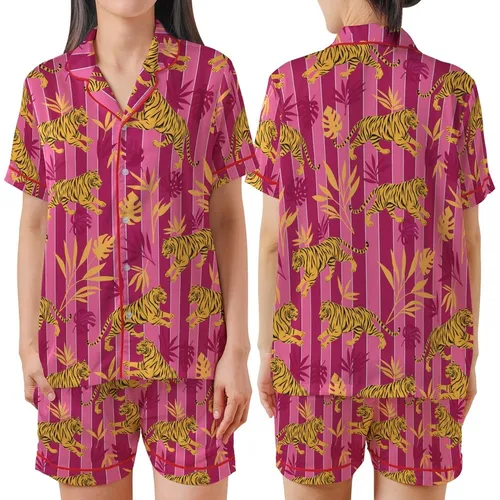 Women's Hot Pink Tiger Safari Block Print Cotton Sleep Set - Bridesmaid Loungewear Satin Short-Sleeve Pajamas Set