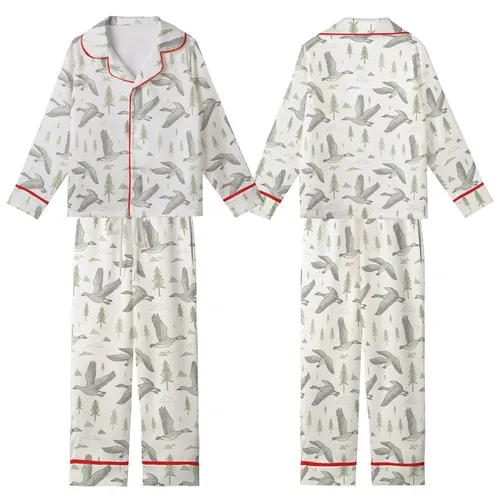 Wildlife Lover's Vintage Flying Geese Pajamas: Muted Pine Mountain Cream Pattern - Polyester Sleepwear Kid Satin Pajamas Set