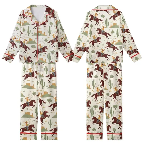 Vintage Art Lovers' Hand-Drawn Western Cowboy Cowgirl Galloping Desert Scene Cream Off-White Kid Satin Pajamas Set