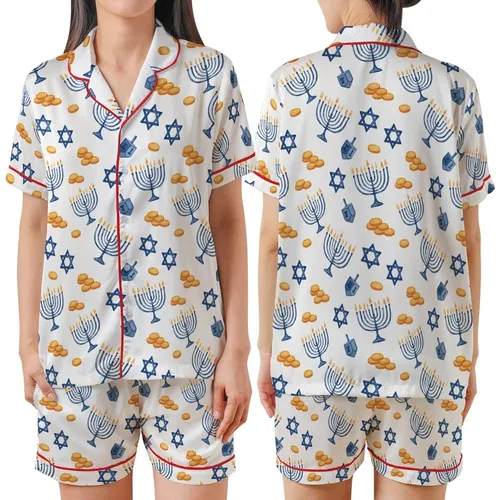 Families' Festive Hanukkah Watercolor Pattern with Blue Menorahs, Dreidels, Stars, Golden Gelt Satin Short-Sleeve Pajamas Set