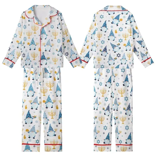 Hanukkah Celebrators' Whimsical Gnomes, Dreidels & Menorahs All-Over Print in Blue, Gold & White Kid Satin Pajamas Set