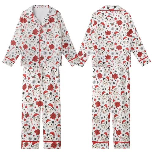Holiday Animal Lovers' Whimsical Opossum Santa Hat Red & White Christmas Pattern with Poinsettias, Holly & Snowflakes Kid Satin Pajamas Set