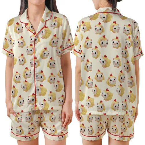 Whimsical Amigurumi Opossum Chicks: Crocheted Pastel Yellow Animal Print Pajamas Satin Short-Sleeve Pajamas Set