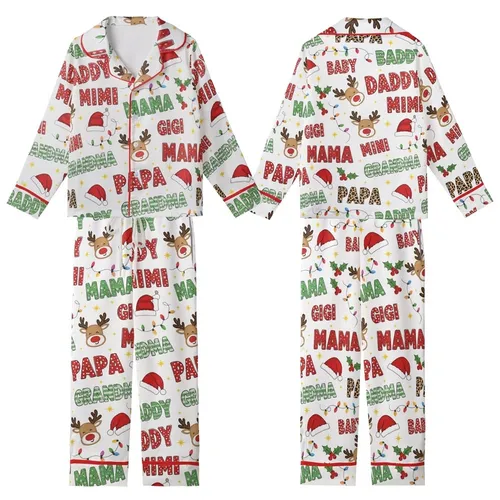 Festive  Pattern: Glitter Knit Leopard Reindeer Santa Holly Lights Satin Short-Sleeve Pajamas Set