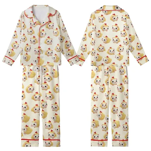 Whimsical Amigurumi Opossum Chicks: Crocheted Pastel Yellow Animal Print Pajamas Kid Satin Pajamas Set