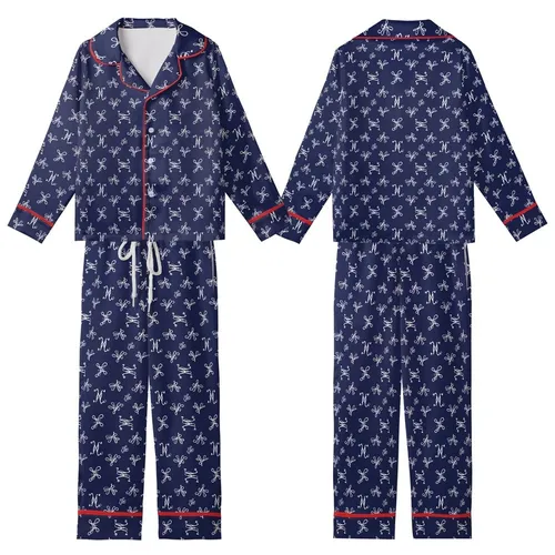 Refined Individuals' Dark Navy White Intertwined E M Script Monogram Repeating Pattern Kid Satin Pajamas Set
