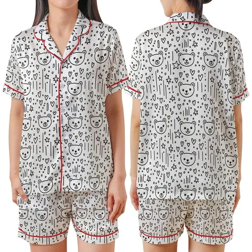 Cute Aesthetic Fans' Black White Whimsical Bear Head Heart Star Dot Line Pattern Satin Short-Sleeve Pajamas Set