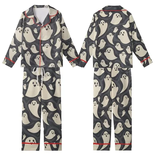 Women's Playful Ghost Sleep Set: Whimsical Hand-Drawn Halloween Polyester Spandex Pajamas Kid Satin Pajamas Set