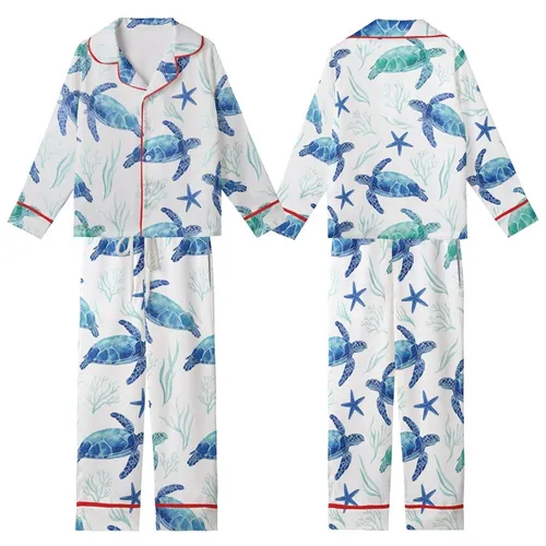 Women's Vibrant Blue Sea Turtle & Starfish Satin Sleep Set Kid Satin Pajamas Set