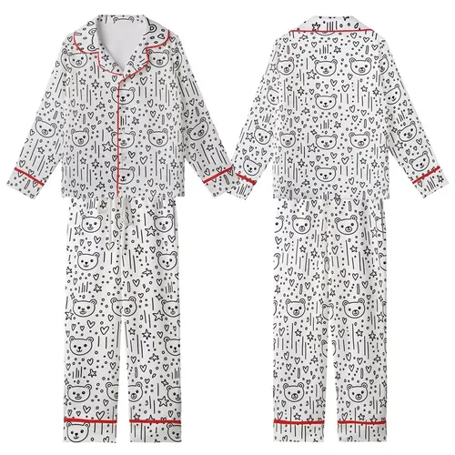 Cute Aesthetic Fans' Black White Whimsical Bear Head Heart Star Dot Line Pattern Kid Satin Pajamas Set