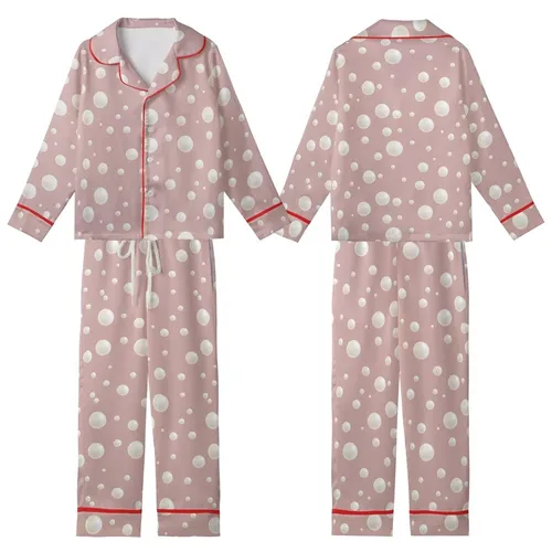 Bridal Pearl Blush Pink Sphere Design Robe and Slip Sleep Set Kid Satin Pajamas Set
