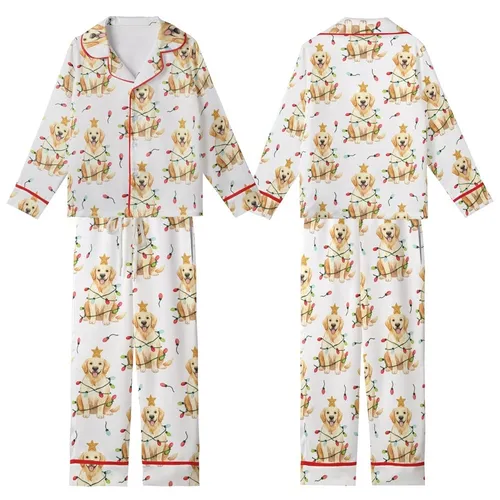 Golden Retriever Lover's Cream Pajamas: Hand-Painted Watercolor Christmas Lights Dog & Gold Star Kid Satin Pajamas Set