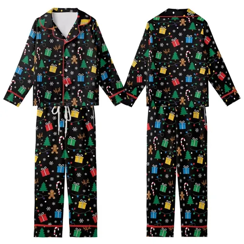 Festive Celebrators' Graphic Black Christmas Candy Cane Gingerbread Rainbow Lights Pattern Kid Satin Pajamas Set