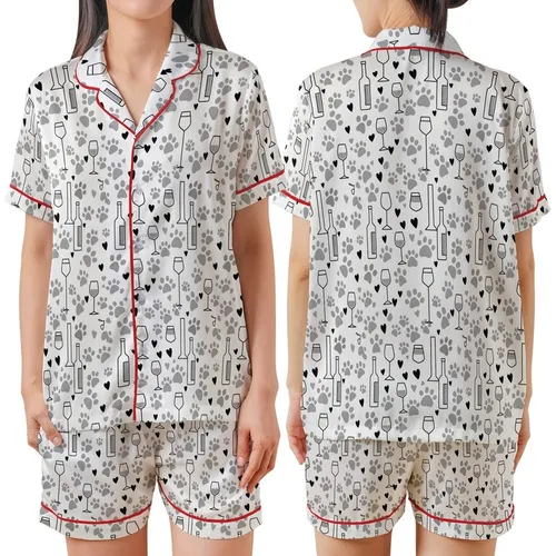 Women's Dog & Wine Lover: Playful Paw Print & Wine Glass Pattern Cozy Loungewear Satin Short-Sleeve Pajamas Set
