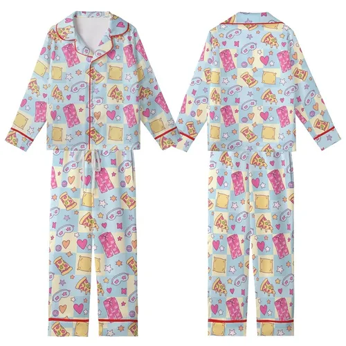 Girls' Groovy Pizza Pajamas: Pink Sleepover Print with Disco Balls - Playful Lounge Set Kid Satin Pajamas Set