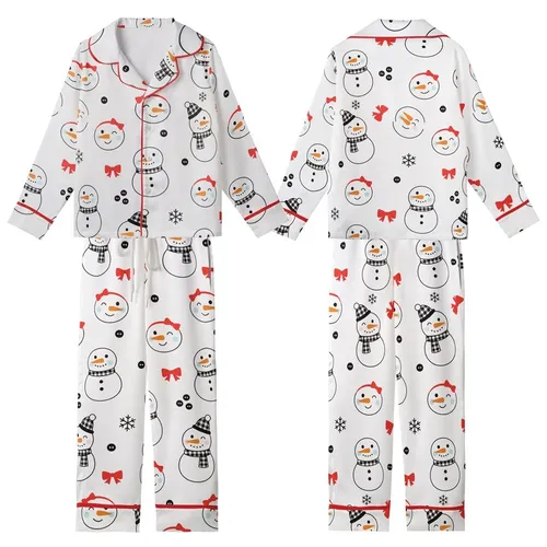 Festive Enthusiasts' Cute Cartoon Snowman Pattern with Bright Red Bows & Buffalo Check Scarves Kid Satin Pajamas Set