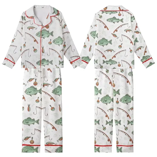 Anglers' All-Over Hand-Drawn Whimsical Fishing Pattern: Bass, Trout, Rods, Lures, Muted Mint, Pale Teal, Earthy Brown Kid Satin Pajamas Set