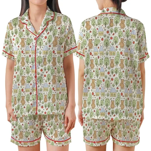 Childlike Aesthetic Adorers' Whimsical Hand-Drawn Teddy Bear Cottage Pattern: Light Brown, Pale Yellow on Creamy Off-White Satin Short-Sleeve Pajamas Set