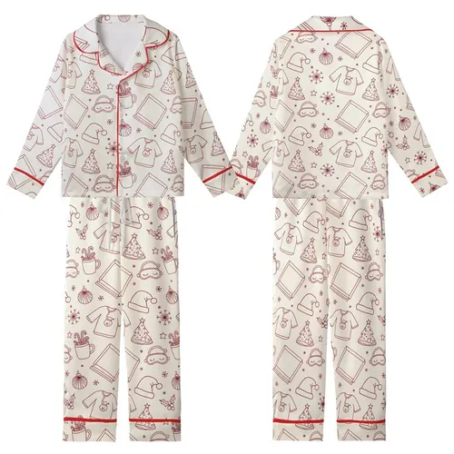 Cozy Christmas Lovers' Red Cream Hand-Drawn Whimsical Scattered Holiday Pizza & Snowman Pattern Kid Satin Pajamas Set