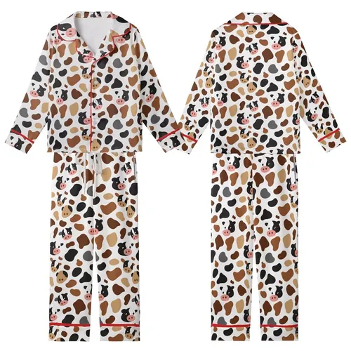 Women's & Family Playful Cow Print Pajamas: Organic Spot & Moo Face Silky Sleep Set Kid Satin Pajamas Set