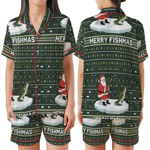 Bass Fisherman Family: Santa Ice Fishing Largemouth Bass 'Merry Fishmas' Poly-Spandex Sleep Set Satin Short-Sleeve Pajamas Set