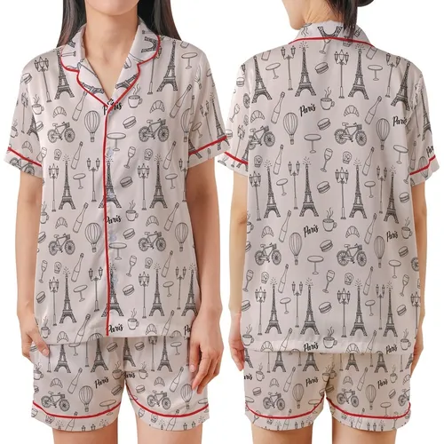 Women's Whimsical Soft Pink Parisian Doodle Seamless Pattern with Eiffel Tower, Macarons & Hot Air Balloons Satin Short-Sleeve Pajamas Set