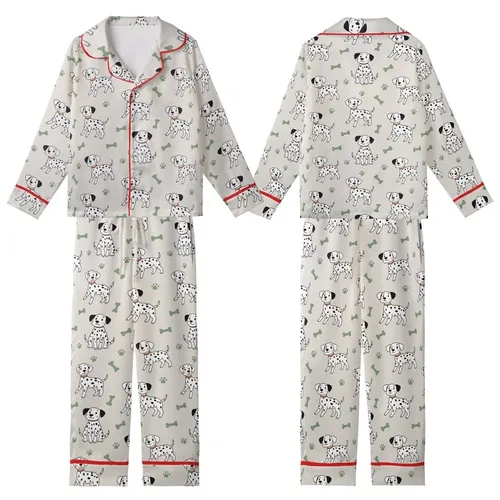 Ridgeback & Large Dog Zippered Sleepsuit: Playful Dalmatian & Paw Print Motif - Grey/Beige Cotton Blend Kid Satin Pajamas Set
