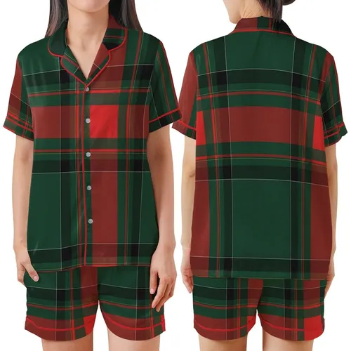 Monogrammed Bridesmaid Dark Forest Green Tartan Plaid Rayon Sleep Set Satin Short-Sleeve Pajamas Set
