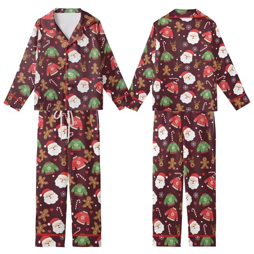 Festive Folks' Deep Maroon Whimsical Holiday Pattern with Cheerful Santa, Gingerbread Men, Reindeer, Candy Canes & White Snowflakes Kid Satin Pajamas Set