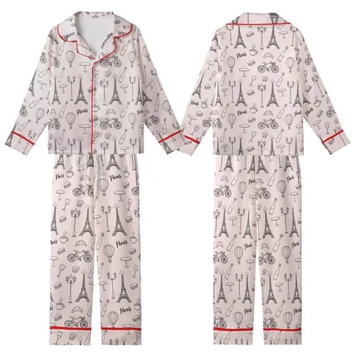 Women's Whimsical Soft Pink Parisian Doodle Seamless Pattern with Eiffel Tower, Macarons & Hot Air Balloons Kid Satin Pajamas Set