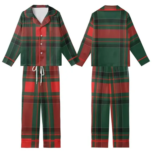 Monogrammed Bridesmaid Dark Forest Green Tartan Plaid Rayon Sleep Set Kid Satin Pajamas Set