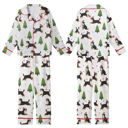 Women's Bernese Mountain Dog Christmas Pajamas Set: Cozy Illustrative Wreath & Santa Hat Print Kid Satin Pajamas Set