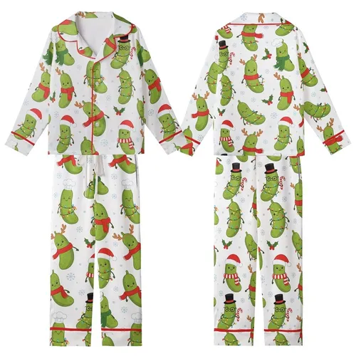 Retro Christmas Pickle Pajamas Set: Whimsical Cartoon Pickles with Santa Hats, Antlers & String Lights Kid Satin Pajamas Set