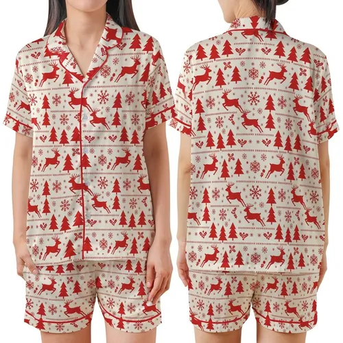 Holiday Enthusiasts' Creamy Off-White Nordic Folk Red Reindeer Pine Tree Snowflake Repeating Pattern Satin Short-Sleeve Pajamas Set