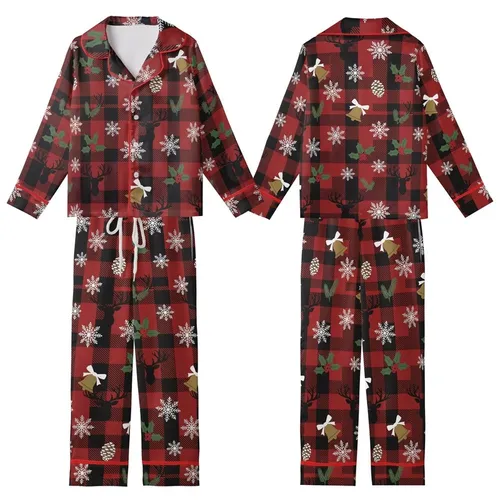 Rustic Winter: Red Black Buffalo Plaid Reindeer Snowflake Holly Berry Pattern Art Kid Satin Pajamas Set