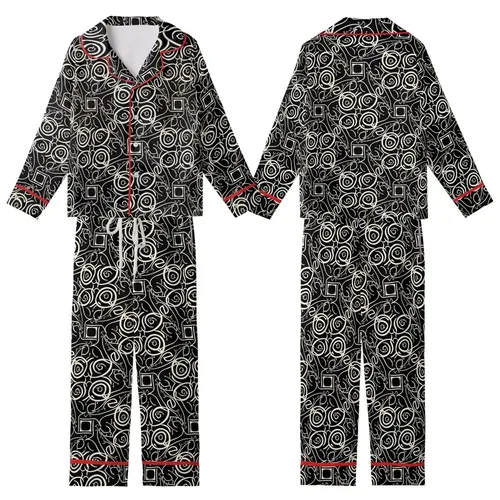 Women's Personalized Satin Long Sleep Set: Elegant Calligraphic Script Black & Off-White Design Kid Satin Pajamas Set
