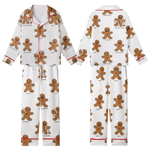 Festive Gingerbread Friends Pattern: Six Expressive Cookie Characters Holiday Sleep Set Kid Satin Pajamas Set