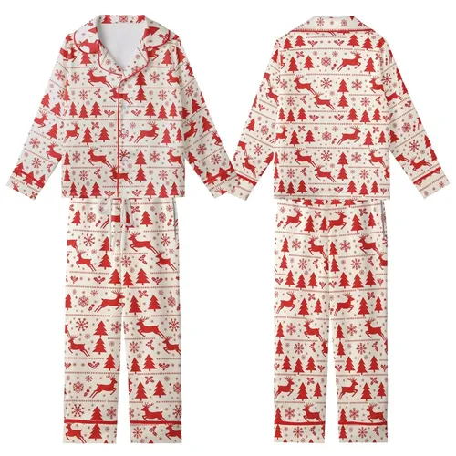 Holiday Enthusiasts' Creamy Off-White Nordic Folk Red Reindeer Pine Tree Snowflake Repeating Pattern Kid Satin Pajamas Set