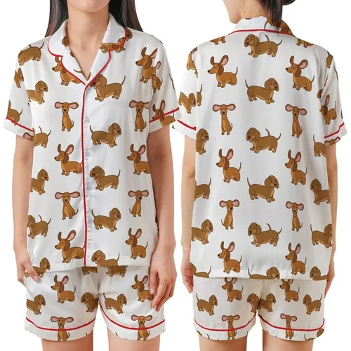 Women's Reddish-Brown Wiener Dog Cartoon Polycotton Shorts Sleep Set Satin Short-Sleeve Pajamas Set