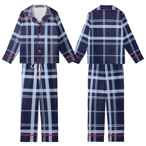 Classic Style Enthusiasts' Intricate Deep Navy Blue Tartan Plaid Pattern with Layered Sky Blue and Crisp White Grid Kid Satin Pajamas Set