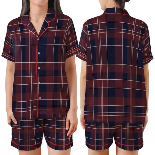 Classic Style Aficionados' Heritage Tartan Plaid Deep Maroon Navy Blue Cream Geometric Pattern Satin Short-Sleeve Pajamas Set