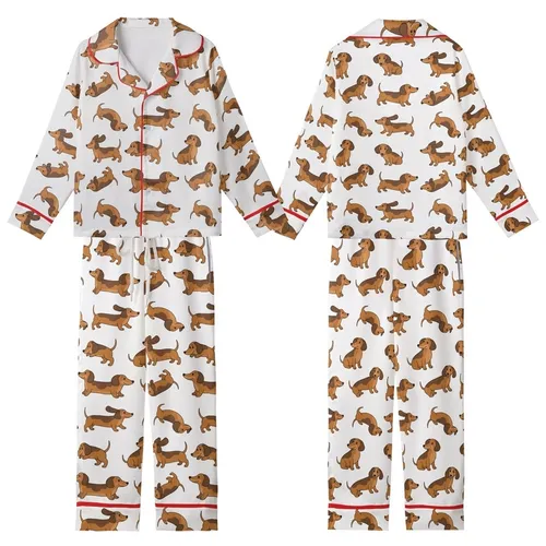 Women's Reddish-Brown Wiener Dog Cartoon Polycotton Shorts Sleep Set Kid Satin Pajamas Set