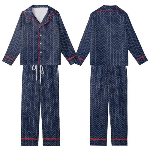 Style-Conscious Adults' Rich Navy Blue Classic Herringbone Pattern with Refined Off-White Lines Kid Satin Pajamas Set