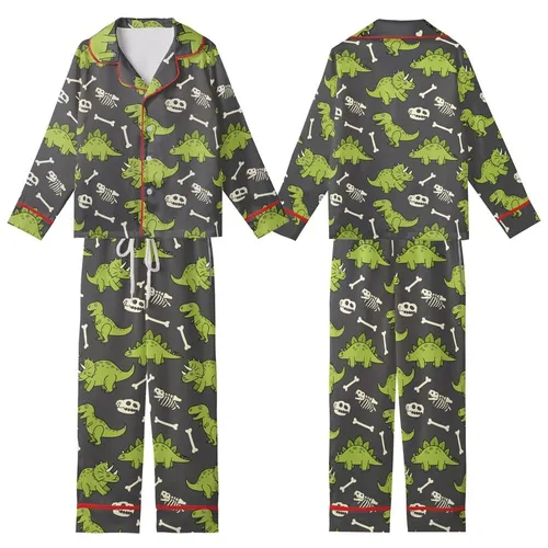 Dinosaur Lovers' Whimsical Lime Green Cartoon Dinosaur & Off-White Fossil Repeat Pattern on Dark Charcoal Grey Kid Satin Pajamas Set