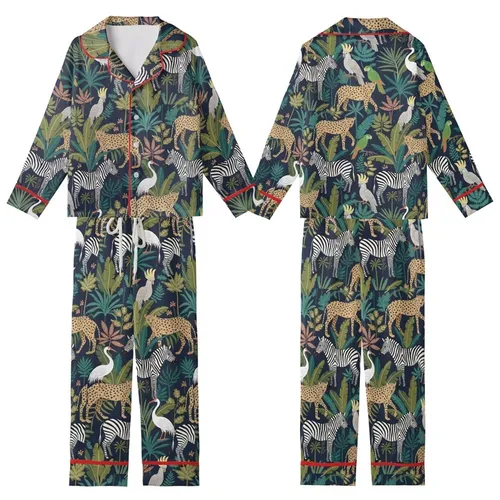 Women's Navy Jungle Animal Print Ultra-Soft Cotton Sleepwear Ensemble: Hand Block Leopard Zebra Bird Design Kid Satin Pajamas Set